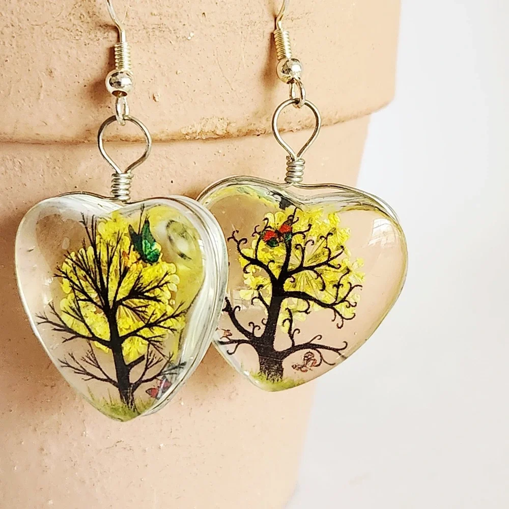 Handmade Heart-Shaped Tree with Yellow Blossoms Dangle‎ Earrings NEW Ladies